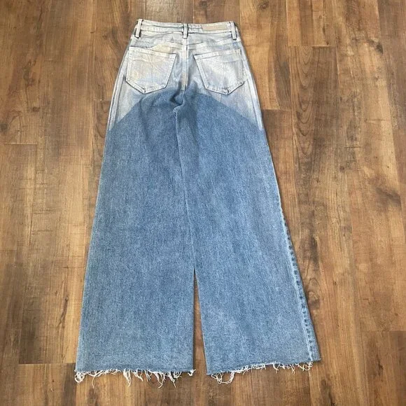 Cello High Rise Wide Leg Jeans Metallic Raw Hem Distressed Size 1 - Picture 6 of 8